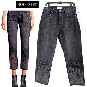 Current/Elliott NEW VINTAGE BELMONT Embellished Slim Crop Boyfriend Jeans 30